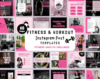 Puede incluir: Una colección de 65 plantillas de publicaciones de Instagram en rosa y negro para fitness, salud y bienestar. Las plantillas presentan citas motivacionales, consejos de entrenamiento, recetas saludables y planes de comidas. El texto "FITNESS & WORKOUT Instagram Post TEMPLATES FITNESS | HEALTH | WELLNESS" se muestra en una fuente grande y en negrita.