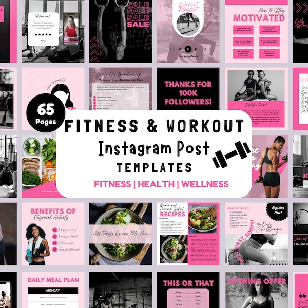 65 Fitness Instagram Post Template | Social Media Posts for Gym, Fitness, Health Coach | Personal Trainer | Workout & Sport Canva Templates