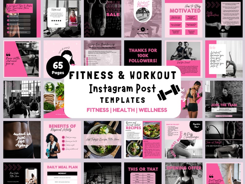 May include: A collection of 65 pink and black Instagram post templates for fitness, health, and wellness. The templates feature motivational quotes, workout tips, healthy recipes, and meal plans. The text "FITNESS & WORKOUT Instagram Post TEMPLATES FITNESS | HEALTH | WELLNESS" is displayed in a large, bold font.