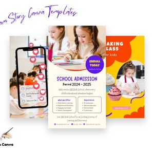 May include: Three Instagram story templates for a school. The first template is a purple and white design with a phone screen showing a classroom of children. The second template is a yellow and purple design with a girl writing in a notebook. The text on the template says "School Admission Period 2024-2025". The third template is a yellow and orange design with a girl baking cupcakes. The text on the template says "Baking Class for Kids".