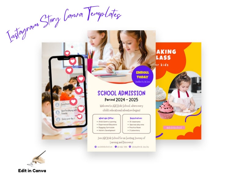 May include: Three Instagram story templates for a school. The first template is a purple and white design with a phone screen showing a classroom of children. The second template is a yellow and purple design with a girl writing in a notebook. The text on the template says "School Admission Period 2024-2025". The third template is a yellow and orange design with a girl baking cupcakes. The text on the template says "Baking Class for Kids".