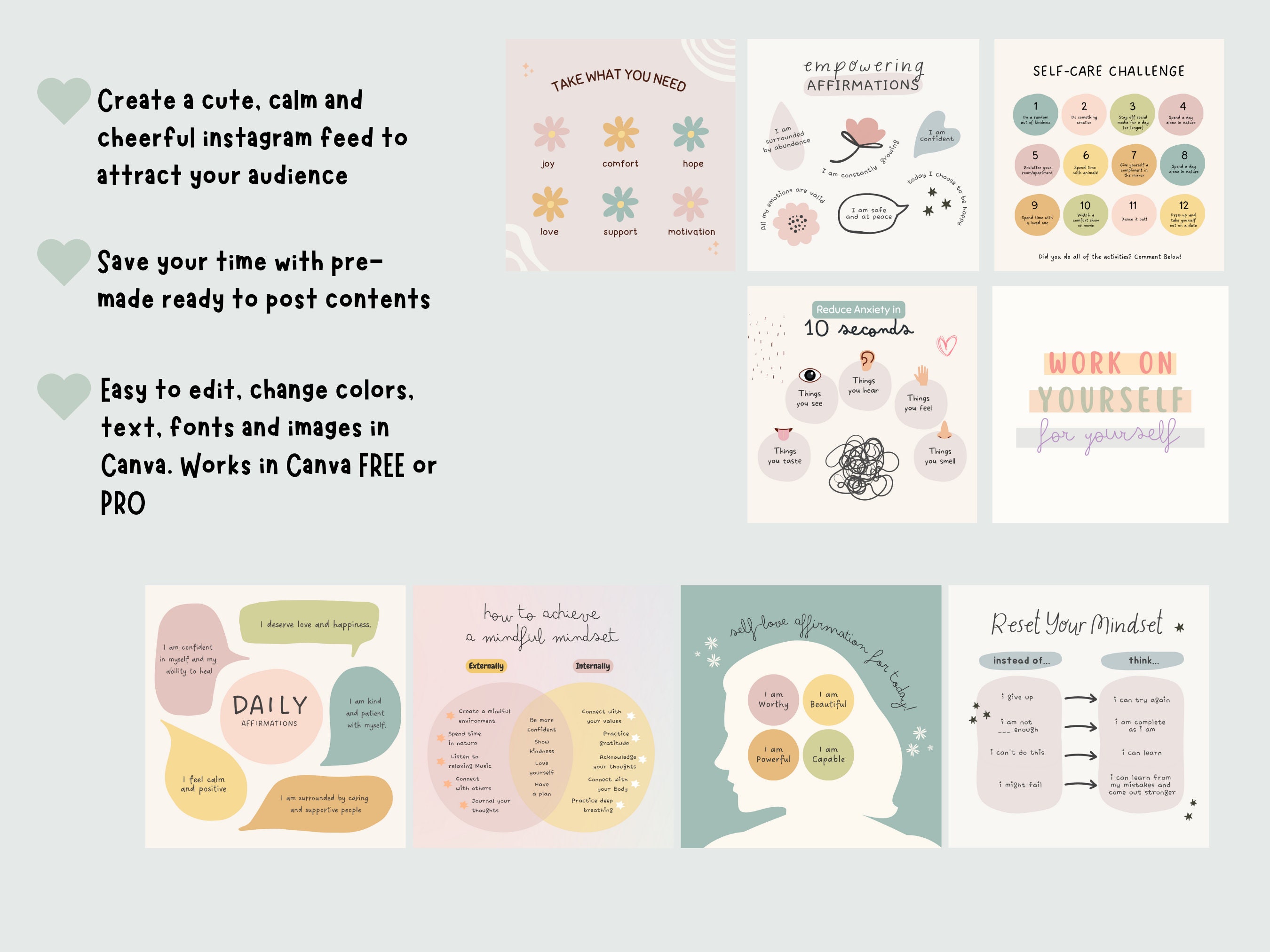 50 Mental Health Instagram Post Templates | Self-love Self-care Pastel ...
