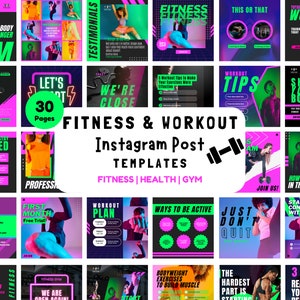 May include: A collection of 30 colorful Instagram post templates for fitness and workout content. The templates feature images of people exercising, motivational quotes, and workout tips. The text "Fitness & Workout Instagram Post Templates" is displayed in a large font at the top of the image.
