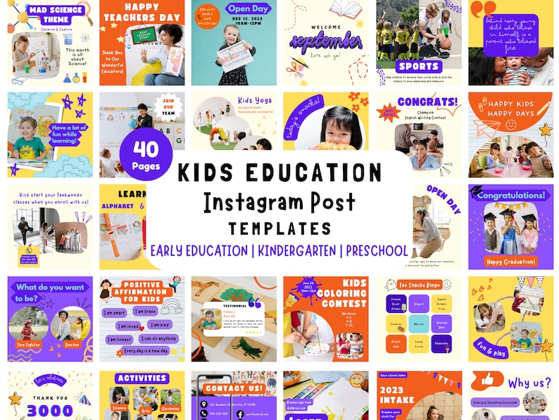 May include: A colorful set of 40 Instagram post templates for kids education, featuring themes like Mad Science, Happy Teachers Day, Kids Yoga, Open Day, and more. The templates are designed for early education, kindergarten, and preschool.