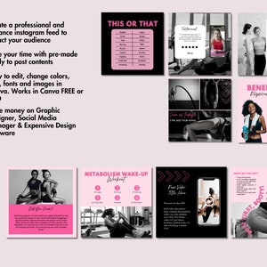 May include: A collection of nine pink and black Instagram post templates for fitness and wellness content. The templates feature motivational quotes, workout tips, and fitness challenges.  The text includes "This or That", "Benefits of Physical Activity", "Metabolism Wake-Up Workout", "First Booty Challenge", and "Register Now".