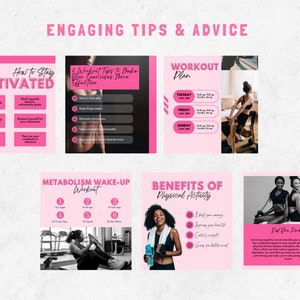 May include: Pink and white graphic with tips on how to stay motivated, workout tips to make exercises more effective, a workout plan, a metabolism wake-up workout, benefits of physical activity, and a section titled "Did You Know?" with information about the benefits of physical activity.