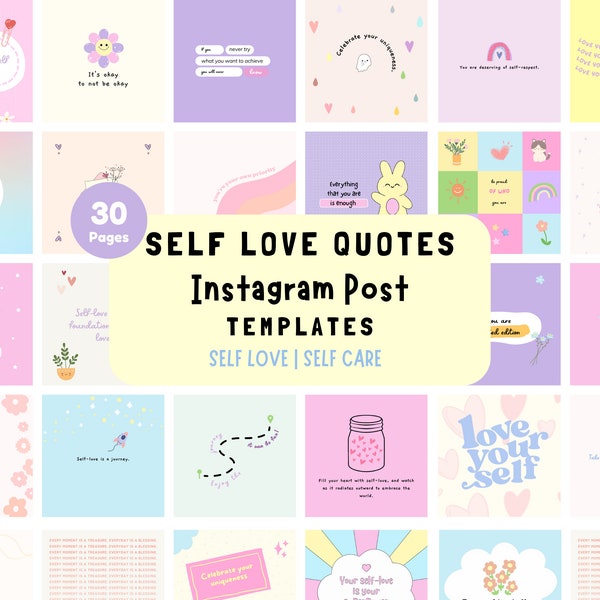 30 Self Love Cute Pastel Instagram Post Canva Template | Self Care Positive Social Media Post | Mental Health Quotes IG Post