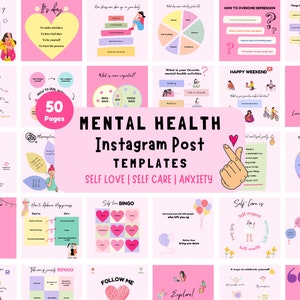 50 modelli di post Instagram per la salute mentale e l'amor proprio Canva / Post sui social media positivi per la cura di sé / Pacchetto di coinvolgimento di life coach / Tema rosa