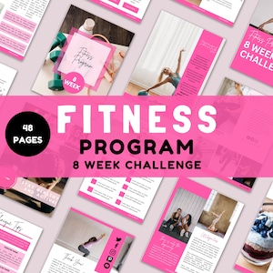 Könnte beinhalten: Ein rosa-weißer Fitnessprogramm-Leitfaden mit dem Titel "Fitness Program 8 Week Challenge" und dem Text "48 Pages". Der Leitfaden enthält Bilder von Personen, die trainieren, und eine Rezeptseite.