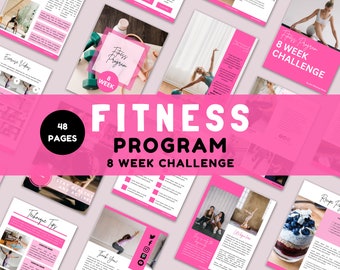 Fitness Program Template Canva | 8-Week Challenge eBook | Workout Health Nutrition Guide 48-Pages, Pink Theme