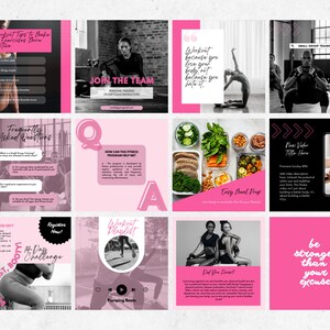 May include: A collage of pink and black Instagram story graphics for a fitness program. The graphics feature text such as "Workout because you love your body, not because you hate it." and "Be stronger than your excuses".