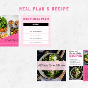 May include: A meal planning template with a pink and white color scheme. The template includes a daily meal plan, a recipe for quinoa and avocado salad, and a meal prep section. The template is designed to help people plan and prepare healthy meals.