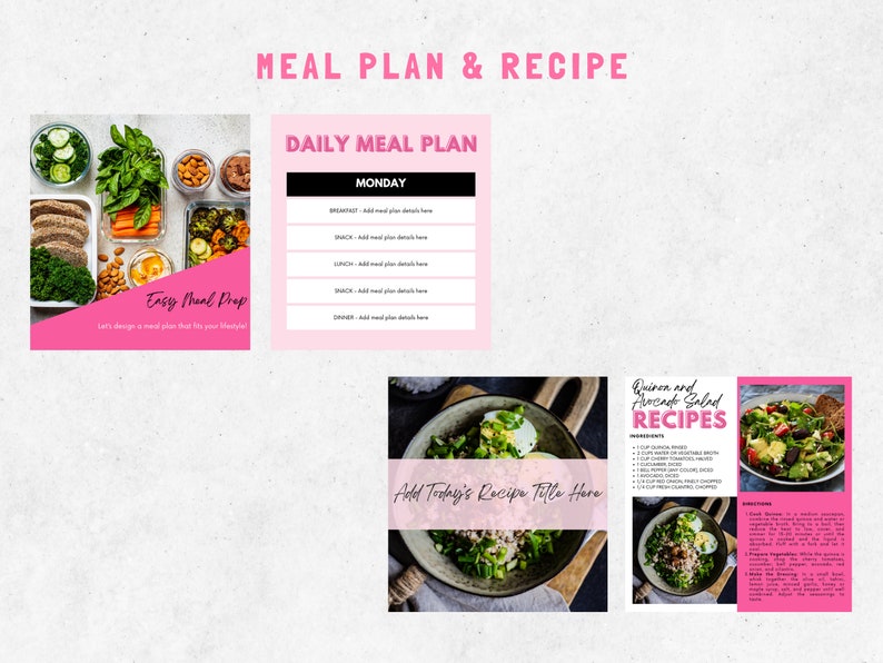 May include: A meal planning template with a pink and white color scheme. The template includes a daily meal plan, a recipe for quinoa and avocado salad, and a meal prep section. The template is designed to help people plan and prepare healthy meals.
