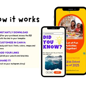 May include: A yellow and white phone screen mockup with a checklist of how to use a template. The checklist includes the following steps: Instantly Download, Customize in Canva, Add Your Links, and Share It! The phone screen shows a colourful image of children playing with building blocks. The text on the phone screen says "Did You Know?" and "Lot of Fun Activities Together!"