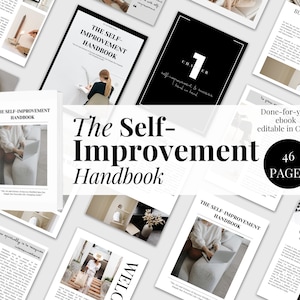 May include: A digital self-improvement handbook with 46 pages. The cover features a woman sitting on a sofa with a laptop. The title is "The Self-Improvement Handbook".