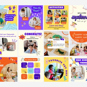 May include: A collage of colorful images promoting a children's learning center. The images feature children participating in various activities, including music, art, sports, and science. The text includes phrases like "Have a lot of fun while learning!" and "Learn and Play!"