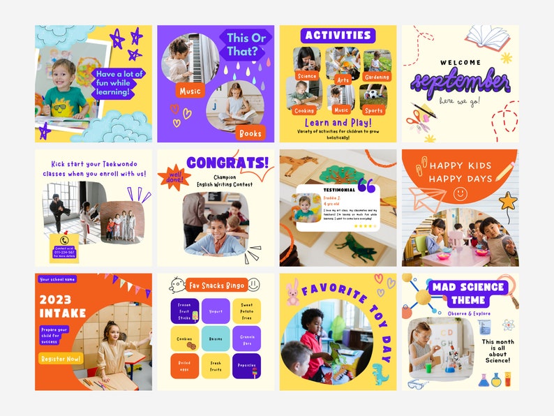 May include: A collage of colorful images promoting a children's learning center. The images feature children participating in various activities, including music, art, sports, and science. The text includes phrases like "Have a lot of fun while learning!" and "Learn and Play!"