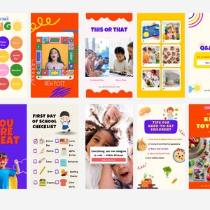 May include: A collage of nine colourful Instagram story templates for a children's school. The templates feature a variety of themes, including a bingo game, a new post announcement, a "this or that" question, a Q&A session, a "you are great" message, a first day of school checklist, a tips for hard-to-eat children section, and a kids' toys day celebration.