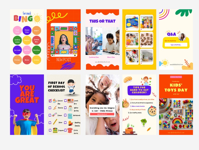 May include: A collage of nine colourful Instagram story templates for a children's school. The templates feature a variety of themes, including a bingo game, a new post announcement, a "this or that" question, a Q&A session, a "you are great" message, a first day of school checklist, a tips for hard-to-eat children section, and a kids' toys day celebration.