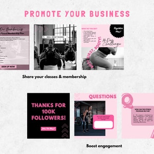 May include: A collage of images promoting a fitness business. The images include a membership plan, a group fitness class, a booty challenge, a thank you message for 100k followers, and a question and answer section. The images are in a pink and black color scheme.