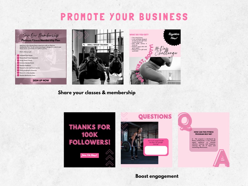 May include: A collage of images promoting a fitness business. The images include a membership plan, a group fitness class, a booty challenge, a thank you message for 100k followers, and a question and answer section. The images are in a pink and black color scheme.
