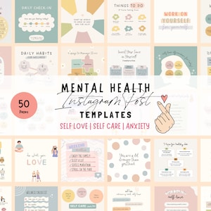 50 modelli di post Instagram per l'amore per se stessi e la salute mentale Canva / Post sui social media positivi per la cura di sé / Pacchetto di coinvolgimento di life coach / Tema pastello