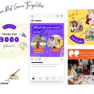 May include: Four colorful square social media post templates for Canva. The first template is yellow with confetti and says "Let's celebrate! Thank you 3000 followers!" The second template is purple with a white circle and says "What do you want to be?" with images of a firefighter and a doctor. The third template is yellow with a star and says "Fun & Play" with images of children playing. The fourth template is orange with a quote mark and says "Play gives children a chance to practice what they are learning" with an image of children playing with play dough.