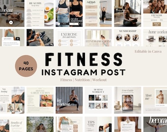 Może przedstawiać: Kolaż 40 szablonów postów na Instagramie do fitnessu, odżywiania i treningu. Szablony zawierają zdjęcia osób ćwiczących, zdrowej żywności i motywujących cytatów. Tekst "FITNESS INSTAGRAM POST" jest wyświetlany pogrubioną czcionką, czarnymi literami. Tekst "Editable in Canva" jest wyświetlany białymi literami na brązowym tle.