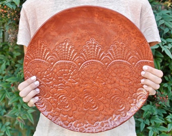 Ceramic Lace Plate, Unique Handmade Large Ceramic Serving Platter Tray, Housewarming Wedding Gift for Couples, Father' Day Gift for Him