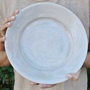 May include: A white ceramic plate with a speckled glaze. The plate has a slightly raised rim and a smooth, even surface.