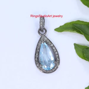 Aquamarine & Diamond Pendant: Oxidized Sterling Silver Necklace