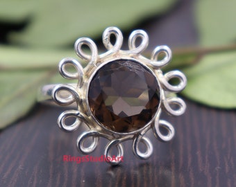 Anillo de cuarzo ahumado: engaste de bisel de plata de ley, anillos de piedras preciosas de 10 mm