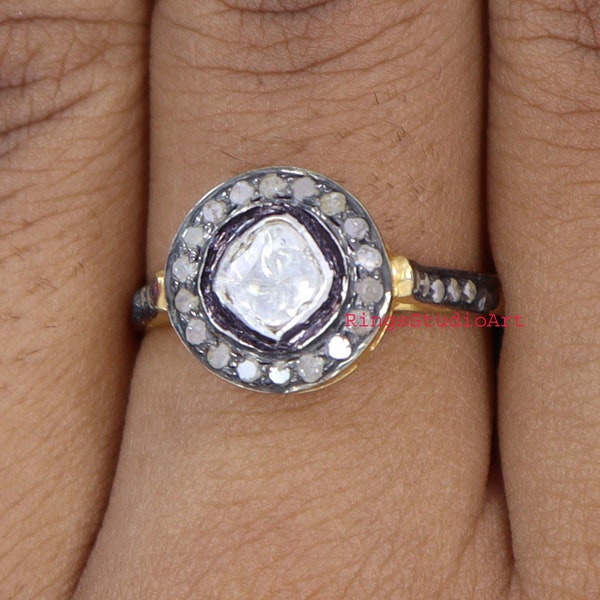 Naturalny pierścionek z diamentem Polki/pierścionek z diamentem Polki/pierścionek z brylantem/pierścionek zaręczynowy/pierścionek ze srebra próby 925/obrączka/prezent dla niej