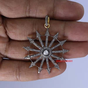 Natural polki & pave diamond sunburst design beautiful pendant, 925 sterling silver handmade finish diamond pendant necklace, gift item,