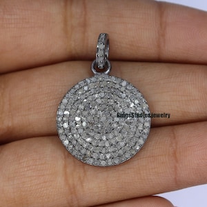 Natural pave diamond Round disk pendant, 925 sterling silver handmade pendant charm necklace, diamond jewelry, Wedding pendant, Gift For Her