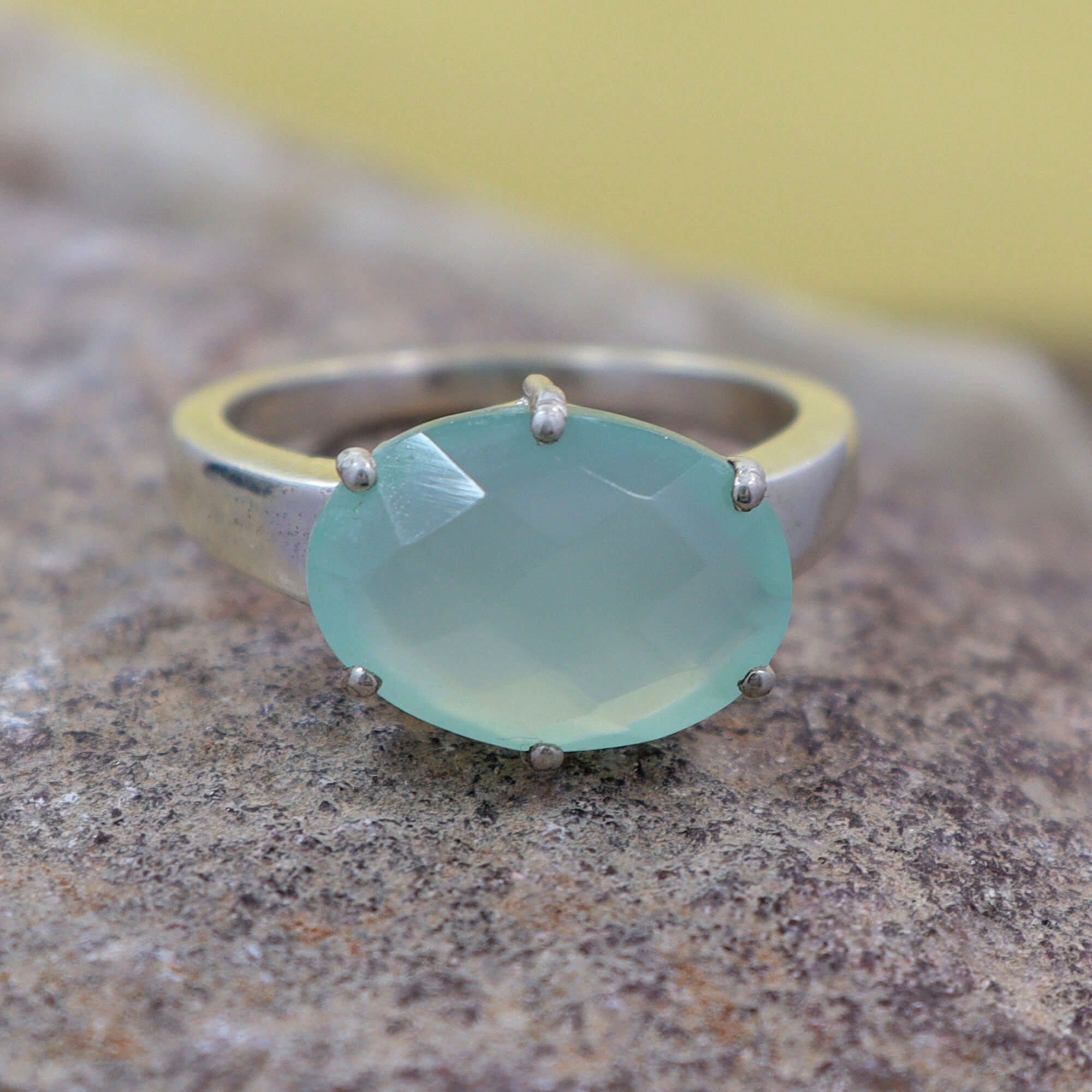 Aqua Chalcedony Silver Ring / Prong Set Oval Shape Gemstone