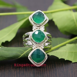 Handmade Sterling Silver Ring: Natural Green Onyx Three-Stone Design
