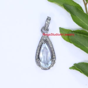 Aquamarine & Diamond Pendant: Oxidized Sterling Silver Necklace