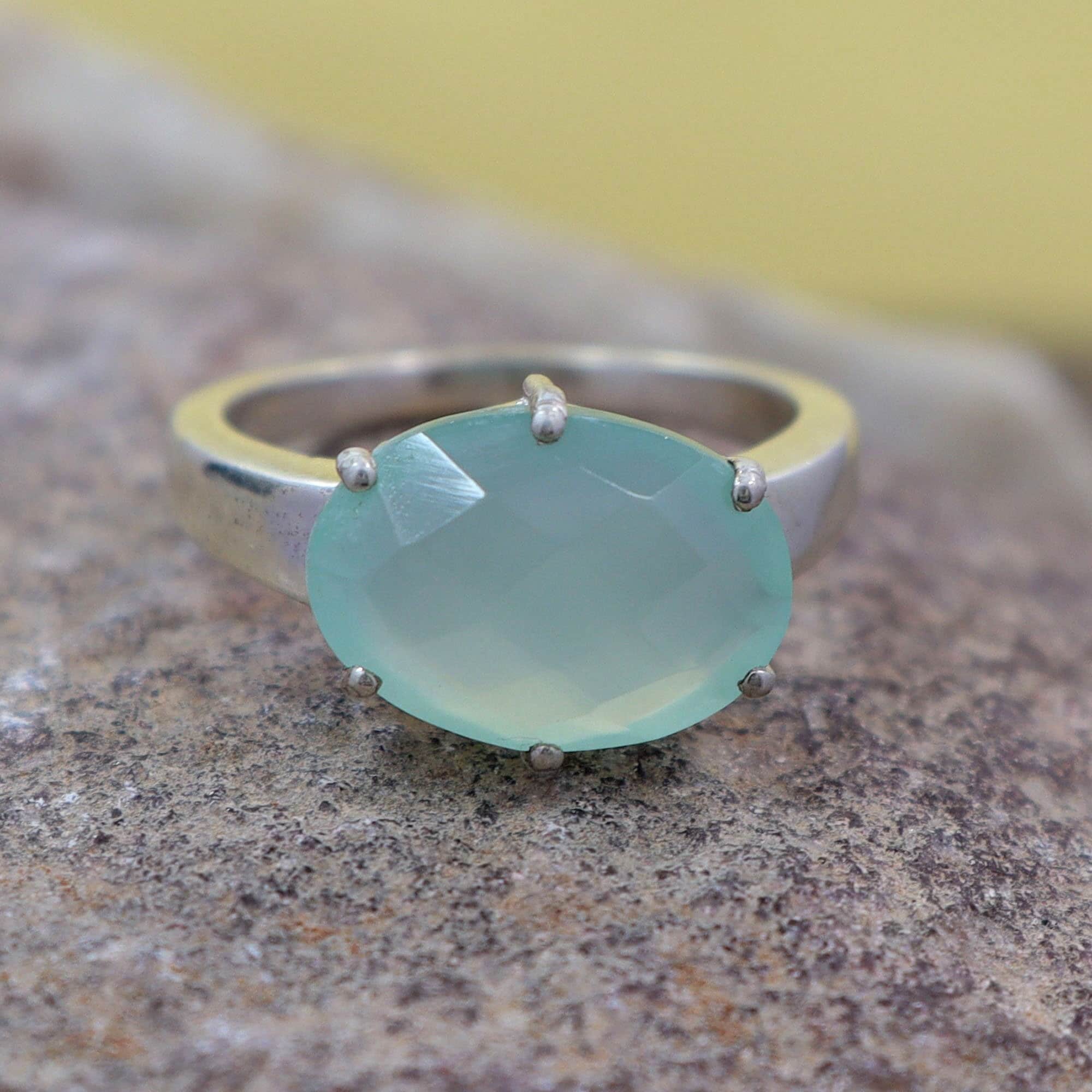 Aqua Chalcedony Silver Ring / Prong Set Oval Shape Gemstone