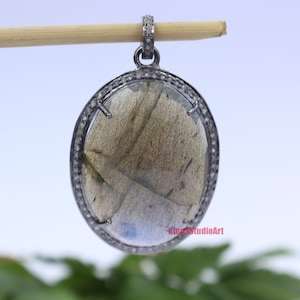Labradorite Pendant: Pave Diamond, Oxidized Sterling Silver, Handmade