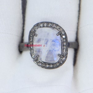 Handmade Moonstone Diamond Ring: Black Oxidized Sterling Silver