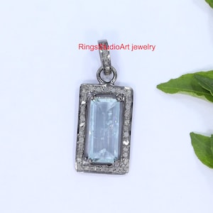 Aquamarine & Diamond Pendant: Oxidized Sterling Silver, Handmade
