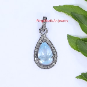 Aquamarine & Diamond Pendant: Oxidized Sterling Silver Necklace