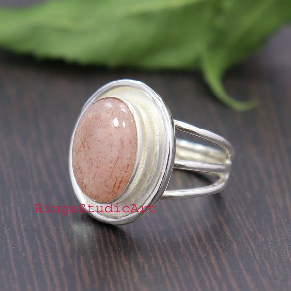 Peach Moonstone Ring / Peach Moonstone Silver Ring / Large Peach Moonstone ring / 925 Sterling Silver Ring / Wedding Ring / Designer Ring