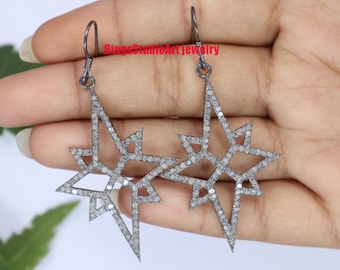 Pendientes de estrella de diamantes en plata de ley oxidada: joyería fina hecha a mano