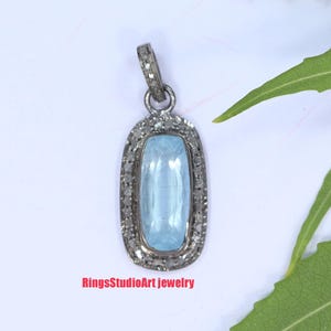 Handmade Aquamarine Diamond Pendant: Oxidized 925 Sterling Silver Necklace