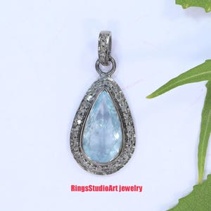 Aquamarine Diamond Pendant: Handmade 925 Sterling Silver Necklace