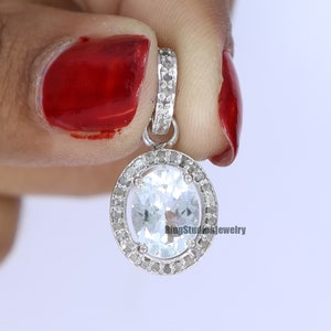 Handmade Aquamarine & Pave Diamond Pendant: 925 Sterling Silver