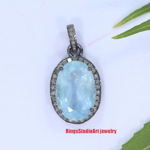 Aquamarine Diamond Pendant: Handmade 925 Sterling Silver Necklace