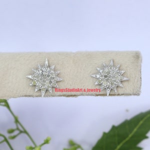 Star shape natural Diamond studs earrings, 925 Solid Sterling Silver 18k white gold platting studs Earrings, Handmade diamond Earrings,